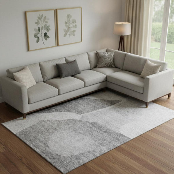 HomeRoots 9' X 12' Silver and Gray Abstract Washable Area Rug – Durable, UV-Protected, Ideal for High-Traffic Spaces 655287