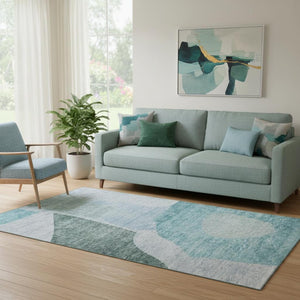 HomeRoots 5' Teal and Ivory Abstract Area Rug - Washable, UV Protected, Perfect for High-Traffic Spaces! 655290