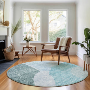 HomeRoots 8' Teal And Ivory Abstract Round Rug - Washable, UV-Protected, Stylish & Durable for Active Homes 655291