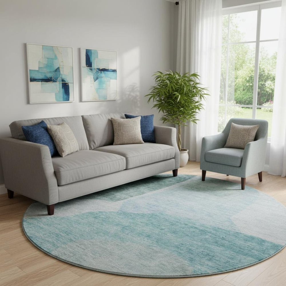 HomeRoots 8' Teal And Ivory Abstract Round Rug - Washable, UV-Protected, Stylish & Durable for Active Homes 655291