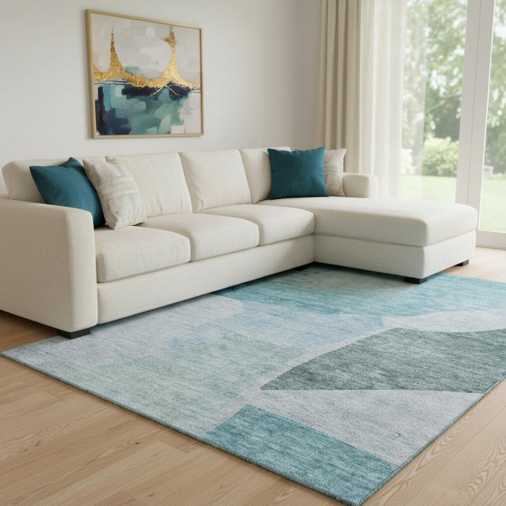 HomeRoots 8' X 10' Teal And Ivory Abstract Area Rug - Durable, Washable, UV-Protected for High-Traffic Spaces 655292
