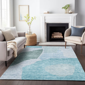 HomeRoots 8' X 10' Teal And Ivory Abstract Area Rug - Durable, Washable, UV-Protected for High-Traffic Spaces 655292