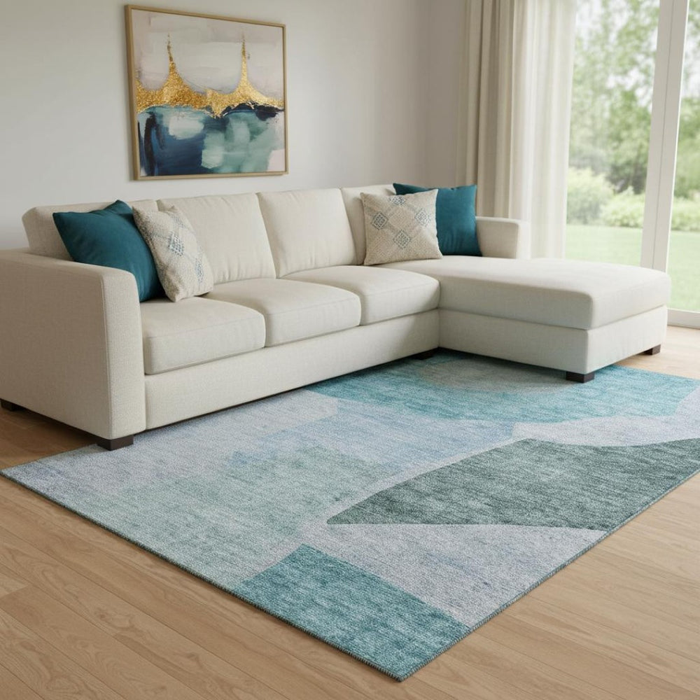 HomeRoots 9' X 12' Teal and Ivory Abstract Area Rug - Washable, UV Protected, Durable for Busy Homes! 655293