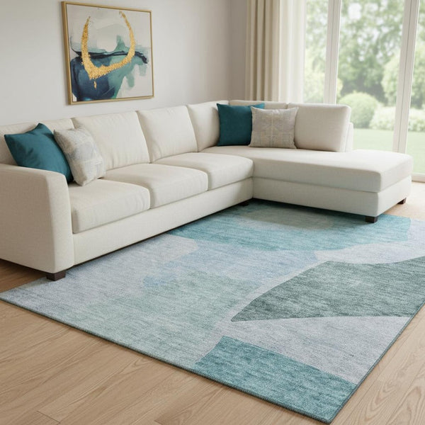 HomeRoots 10' Teal and Ivory Abstract Area Rug - Washable, UV Protected, Stain Resistant, Perfect for High Traffic Areas 655294
