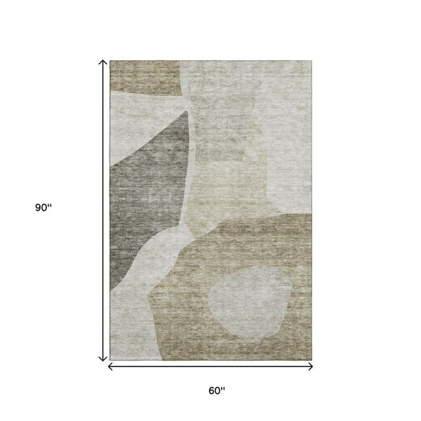 HomeRoots 5' X 8' Taupe And Ivory Abstract Washable Area Rug with UV Protection for Modern Home Elegance 655296