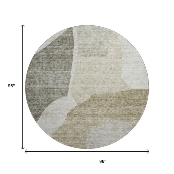 HomeRoots 8' Taupe and Ivory Abstract Washable Round Rug - Durable, UV-Protected, Perfect for Family Spaces! 655297