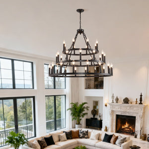 English Elm 39.37 Inch Three Tier Wagon Wheel Chandelier 36 Light Black Metal for High Ceilings W5008P392646