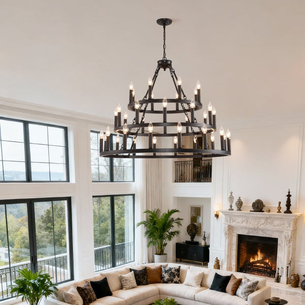 English Elm 39.37 Inch Three Tier Wagon Wheel Chandelier 36 Light Black Metal for High Ceilings W5008P392646