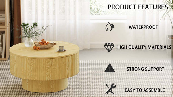 English Elm 29.53 Inch Round Mdf Coffee Table with Grooved Sides and Concealed Storage for Living Rooms W2189P320662
