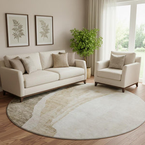 HomeRoots 8' Brown and Ivory Abstract Washable Round Rug - Durable, Stain-Resistant, UV Protected for Modern Homes 655303
