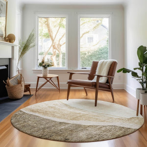HomeRoots 8' Brown and Ivory Abstract Washable Round Rug - Durable, Stain-Resistant, UV Protected for Modern Homes 655303