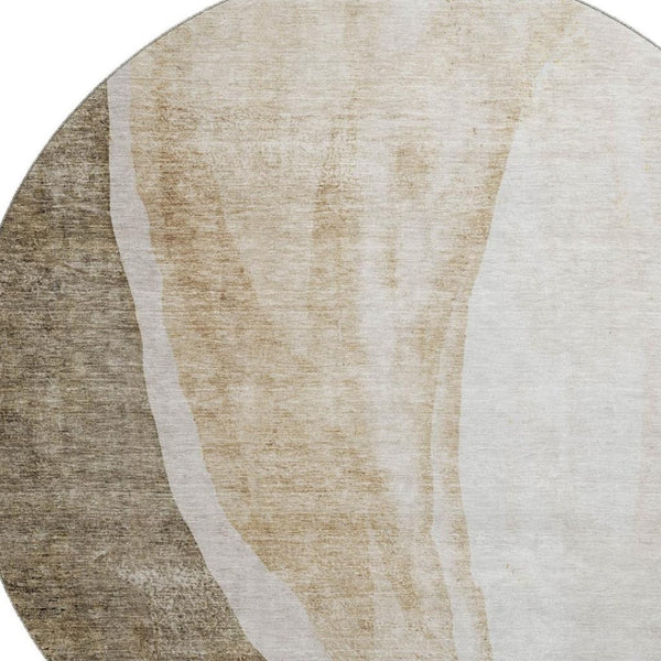 HomeRoots 8' Brown and Ivory Abstract Washable Round Rug - Durable, Stain-Resistant, UV Protected for Modern Homes 655303