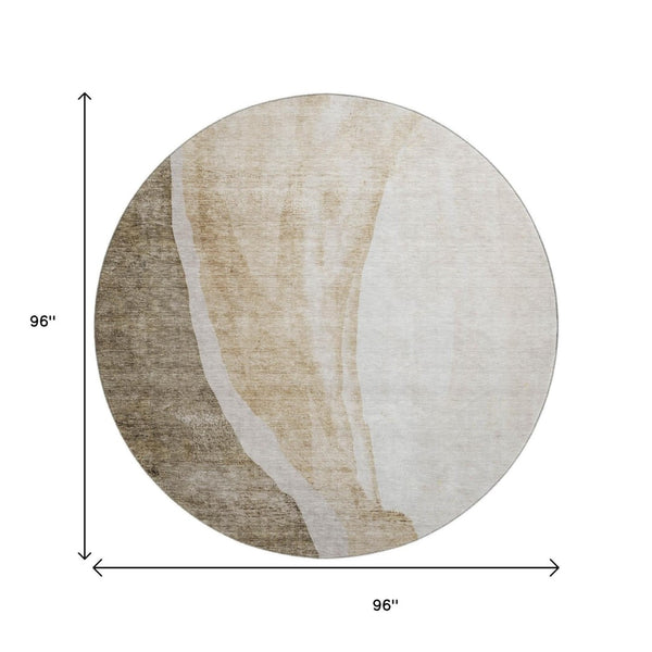 HomeRoots 8' Brown and Ivory Abstract Washable Round Rug - Durable, Stain-Resistant, UV Protected for Modern Homes 655303