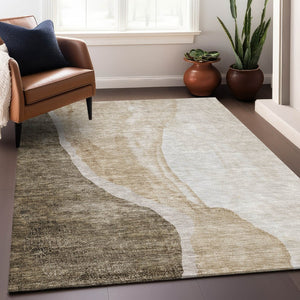 HomeRoots 10' X 14' Brown And Ivory Abstract Area Rug - Washable, UV-Protected, Stain-Resistant, Durable Design 655306