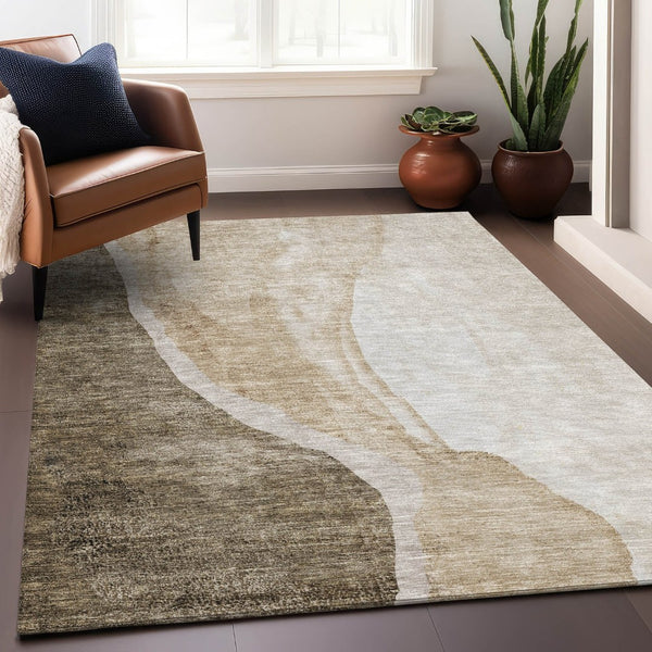 HomeRoots 10' X 14' Brown And Ivory Abstract Area Rug - Washable, UV-Protected, Stain-Resistant, Durable Design 655306