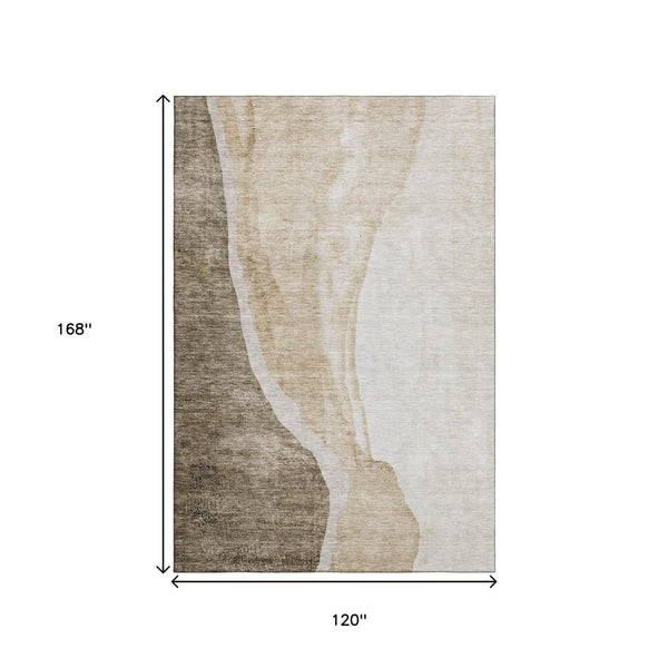 HomeRoots 10' X 14' Brown And Ivory Abstract Area Rug - Washable, UV-Protected, Stain-Resistant, Durable Design 655306