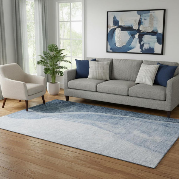 HomeRoots 5' Blue and Ivory Abstract Washable Area Rug with UV Protection – Durable, Stylish, Kid & Pet Friendly! 655308