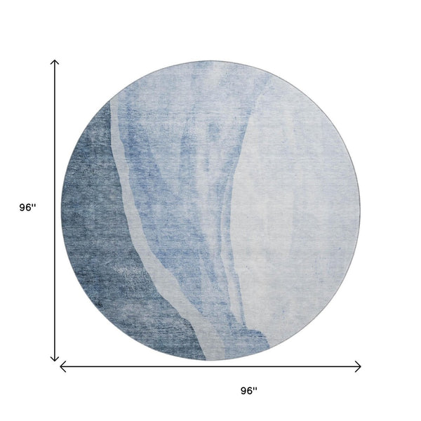 HomeRoots 8' Blue And Ivory Abstract Round Rug - Washable, UV Protected, Stylish & Durable for Any Space 655309