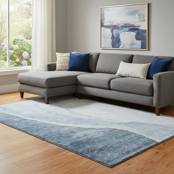 HomeRoots 8' X 10' Blue and Ivory Abstract Washable Area Rug with UV Protection for Homes with Kids & Pets 655310