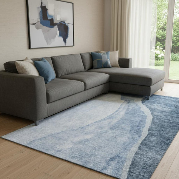 HomeRoots 10' X 14' Blue and Ivory Abstract Area Rug – Durable, Washable, UV-Protected for High-Traffic Spaces 655312