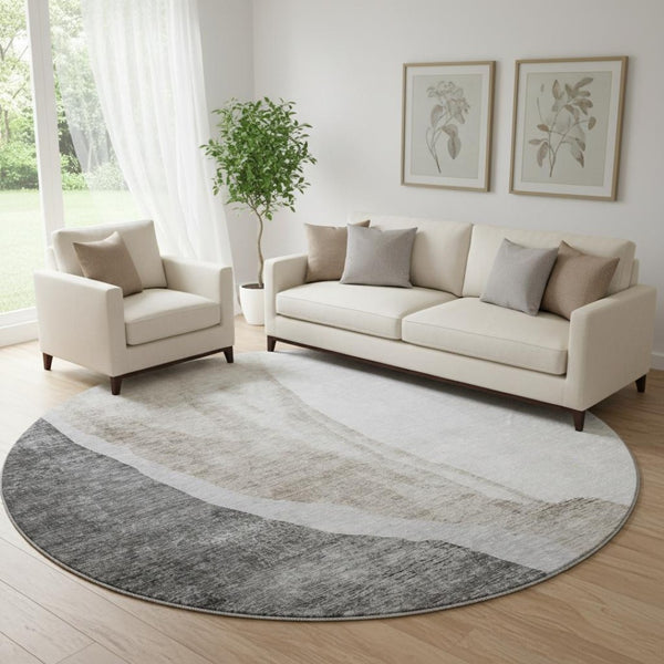 HomeRoots 8' Charcoal and Ivory Abstract Round Rug - Washable, UV-Protected, Perfect for Modern Living Spaces 655315