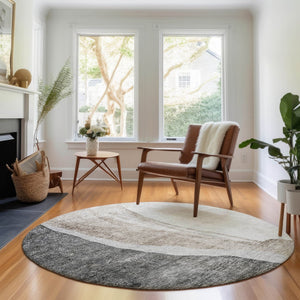 HomeRoots 8' Charcoal and Ivory Abstract Round Rug - Washable, UV-Protected, Perfect for Modern Living Spaces 655315