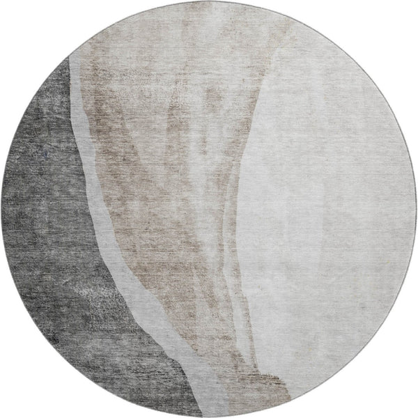 HomeRoots 8' Charcoal and Ivory Abstract Round Rug - Washable, UV-Protected, Perfect for Modern Living Spaces 655315
