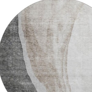 HomeRoots 8' Charcoal and Ivory Abstract Round Rug - Washable, UV-Protected, Perfect for Modern Living Spaces 655315