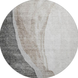 HomeRoots 8' Charcoal and Ivory Abstract Round Rug - Washable, UV-Protected, Perfect for Modern Living Spaces 655315
