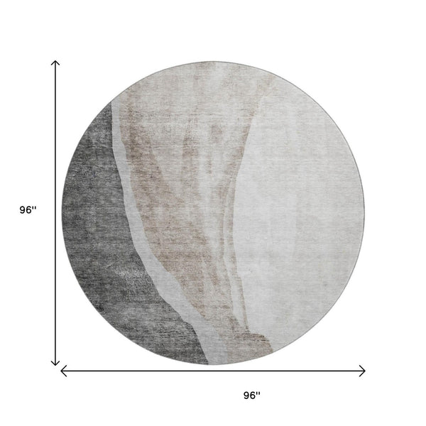 HomeRoots 8' Charcoal and Ivory Abstract Round Rug - Washable, UV-Protected, Perfect for Modern Living Spaces 655315