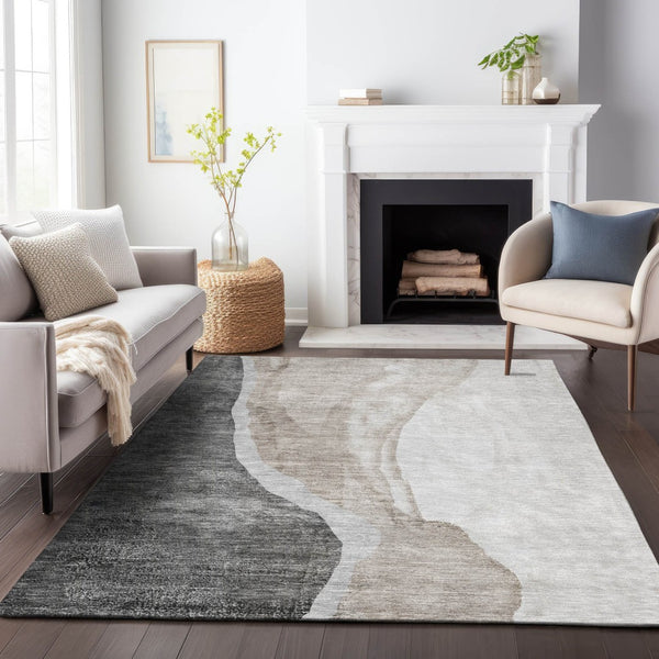 HomeRoots 9' X 12' Charcoal & Ivory Abstract Area Rug – Washable, UV Protected, Stylish & Durable for Homes 655317