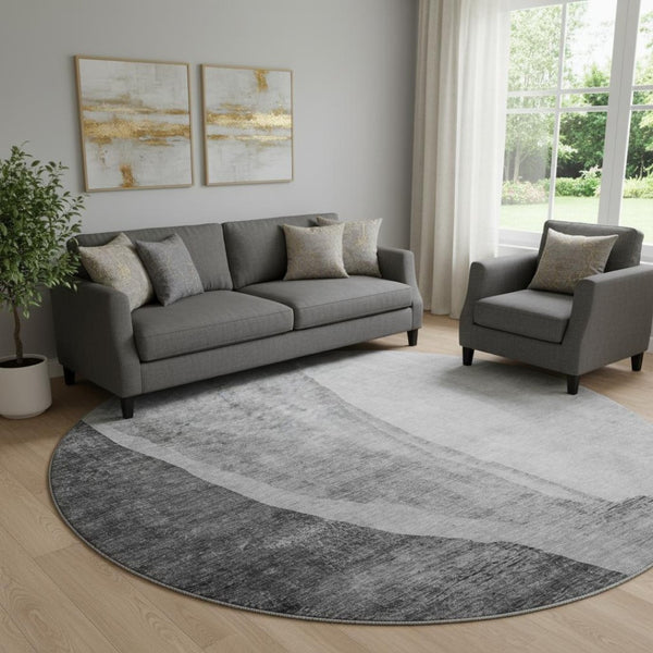 HomeRoots 8' Gray and Ivory Abstract Round Washable Rug with UV Protection for High-Traffic Areas and Style 655321