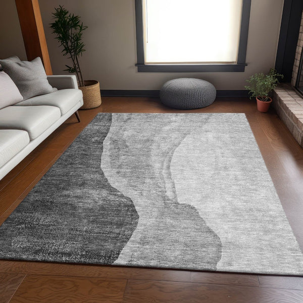 HomeRoots 9' X 12' Washable Gray and Ivory Abstract Area Rug - Stain Resistant, UV Protected, Stylish Design! 655323