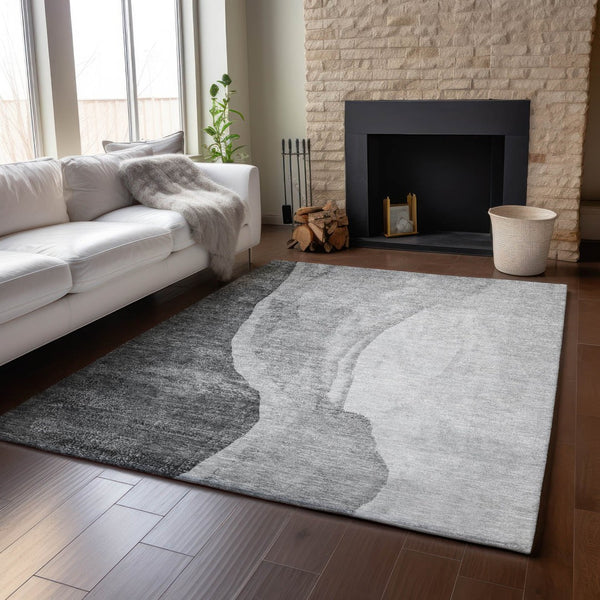 HomeRoots 9' X 12' Washable Gray and Ivory Abstract Area Rug - Stain Resistant, UV Protected, Stylish Design! 655323