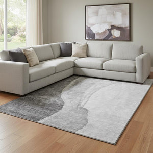 HomeRoots 9' X 12' Washable Gray and Ivory Abstract Area Rug - Stain Resistant, UV Protected, Stylish Design! 655323