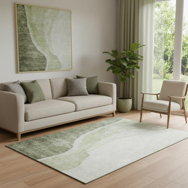 HomeRoots 5' X 8' Olive Green & Ivory Abstract Area Rug - Stylish, Washable, UV-Protected for Modern Homes 655326