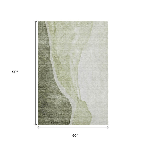 HomeRoots 5' X 8' Olive Green & Ivory Abstract Area Rug - Stylish, Washable, UV-Protected for Modern Homes 655326