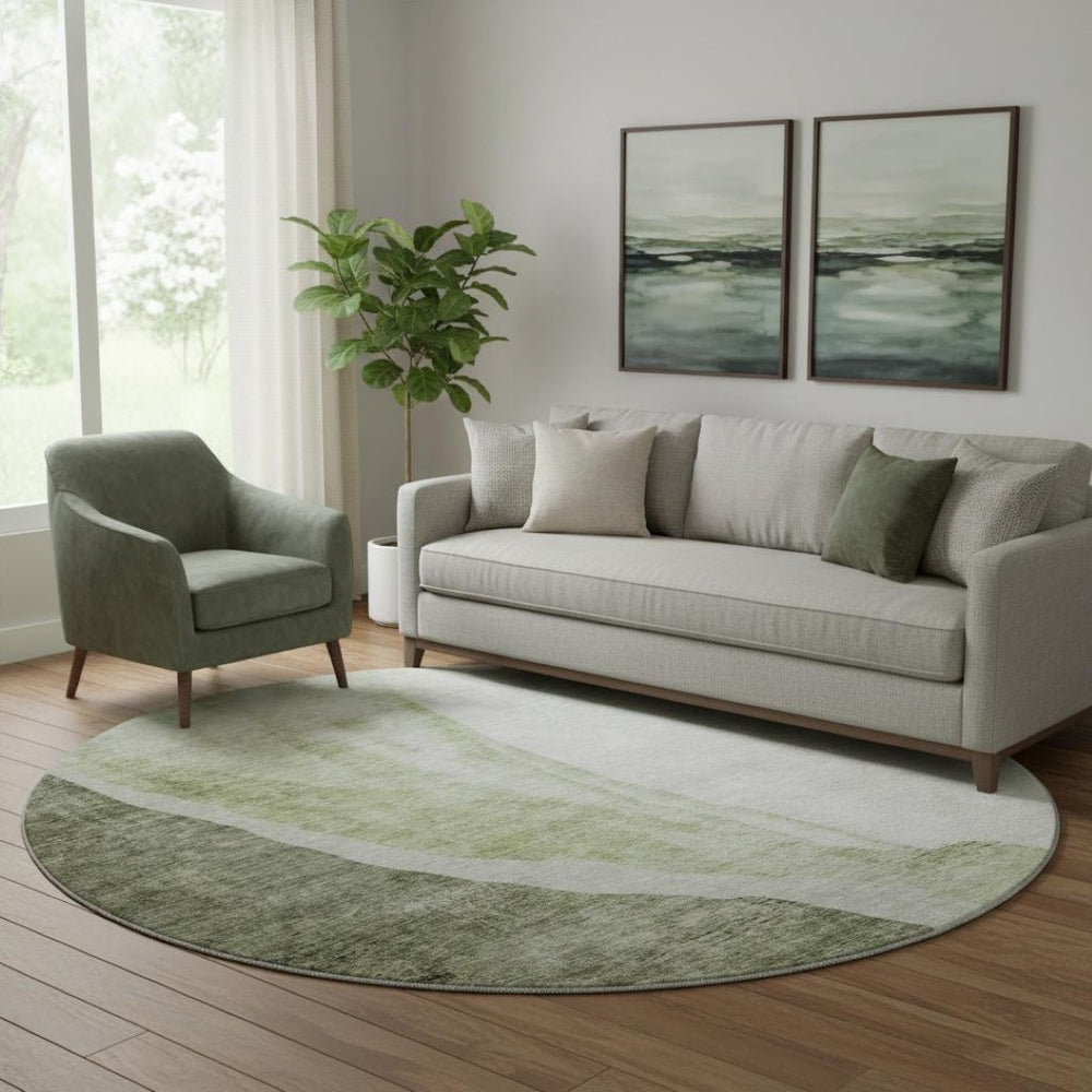 HomeRoots 8' Olive Green and Ivory Abstract Washable Round Rug - Stain-Resistant, UV Protected, Durable Design 655327
