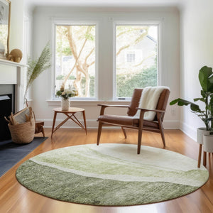 HomeRoots 8' Olive Green and Ivory Abstract Washable Round Rug - Stain-Resistant, UV Protected, Durable Design 655327