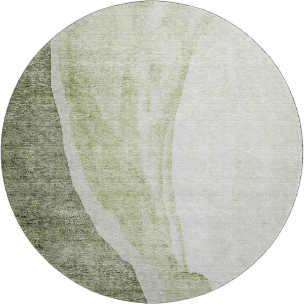 HomeRoots 8' Olive Green and Ivory Abstract Washable Round Rug - Stain-Resistant, UV Protected, Durable Design 655327