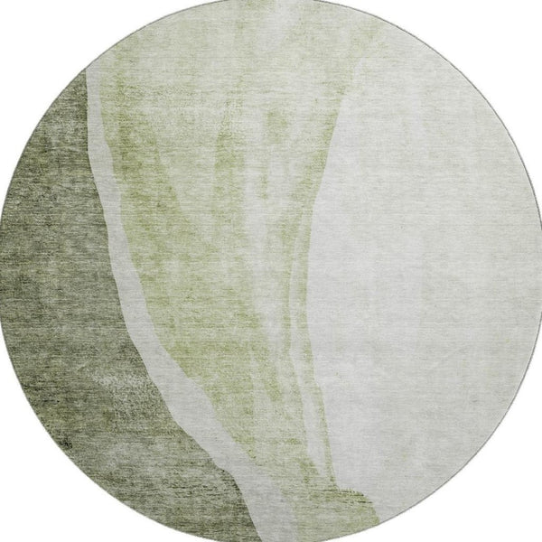 HomeRoots 8' Olive Green and Ivory Abstract Washable Round Rug - Stain-Resistant, UV Protected, Durable Design 655327