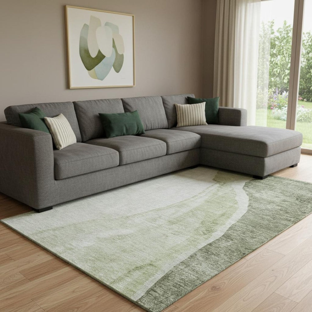 HomeRoots 8' X 10' Olive Green Abstract Area Rug – Washable, Stain Resistant, UV Protected for Modern Spaces 655328
