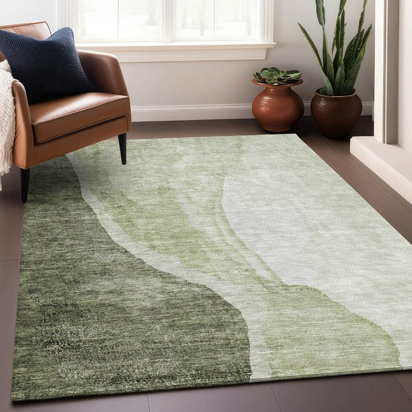 HomeRoots 8' X 10' Olive Green Abstract Area Rug – Washable, Stain Resistant, UV Protected for Modern Spaces 655328