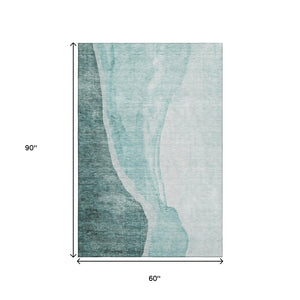 HomeRoots 5' X 8' Teal And Ivory Abstract Area Rug – Washable, UV Protected, Durable Design for Modern Homes 655333