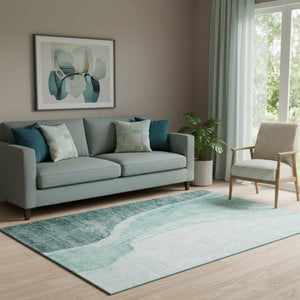 HomeRoots 5' X 8' Teal And Ivory Abstract Area Rug – Washable, UV Protected, Durable Design for Modern Homes 655333