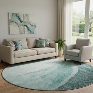 HomeRoots 8' Teal and Ivory Abstract Washable Round Rug – Durable, Stylish, UV-Protected for Busy Homes! 655334