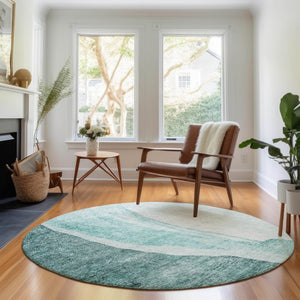 HomeRoots 8' Teal and Ivory Abstract Washable Round Rug – Durable, Stylish, UV-Protected for Busy Homes! 655334