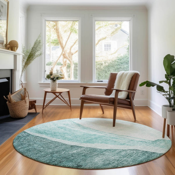 HomeRoots 8' Teal and Ivory Abstract Washable Round Rug – Durable, Stylish, UV-Protected for Busy Homes! 655334