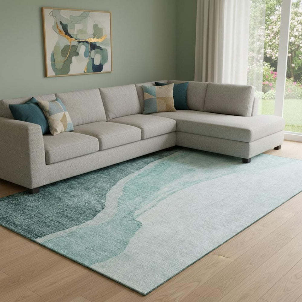 HomeRoots 8' X 10' Teal and Ivory Abstract Washable Area Rug with UV Protection for Modern Homes & Families 655335