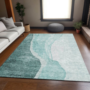 HomeRoots 9' X 12' Teal and Ivory Abstract Area Rug – Durable, Washable, UV-Protected for Family Spaces 655336